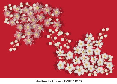 White flowers.  pattern on red background. Vector design for paper, cover, fabric, interior decor, greeting card, poster, flyer and other users.