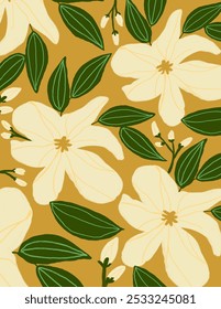 Patrones de flores blancas sobre fondo amarillo para paquete de marca, impresión de tela, Fondo de pantalla, publicación de redes sociales, doodle, notas, cubiertas de libros, decoración de pared.