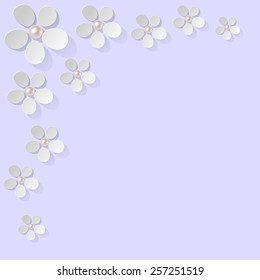 white flowers pearls in the corner on light violet background