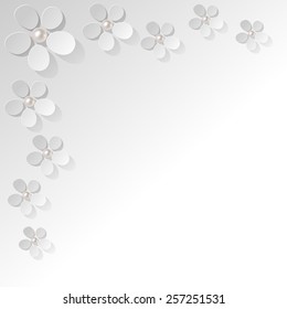 white flowers pearls in the corner on white background