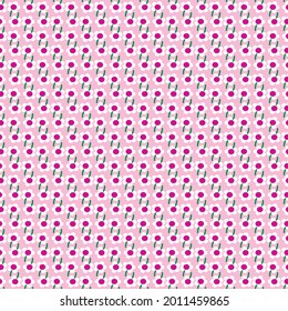 White flowers with purple stamens and green flower stalks on pink background, seamless pattern.