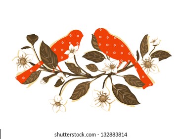 White Flowers and Red Birds on Twig Composition. Blooming sprigs and birds composition. Vector EPS8. No effects.