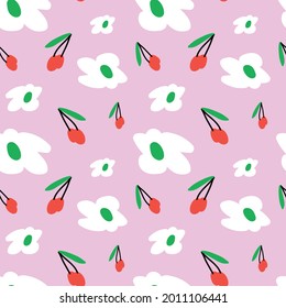 White flowers, red cherries on a pink background. Seamless pattern with colorful elements. Background for wallpaper, textile, postcards, wrapping, etc. Vector illustrations.