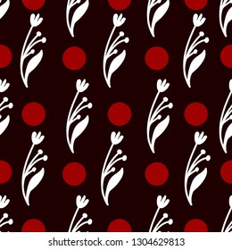 white flowers and red dots on a dark red color