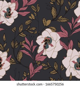 White flowers of roses and peonies with leaves and petals on a dark brown color background. Seamless pattern. Vector illustration with hand-drawn plants.