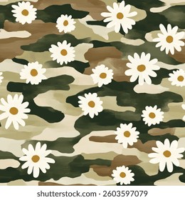 White flowers scattered across a green and brown camouflage background. watercolor flower seamless pattern. Watercolor print in rustic vintage style, textile or wallpaper.  