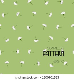 White flowers - seamless floral pattern on a green background. Green leaves, twigs. Romantic style vector illustration. Use for spring design for fabric, packaging, wrappers, wallpaper, etc.