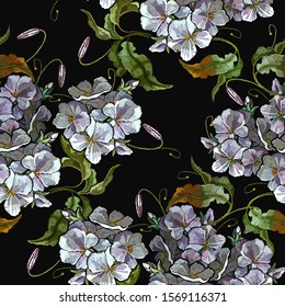 White flowers seamless pattern. Embroidery. Summer art. Garden style. Fashionable template for clothes, textiles, t-shirt design 