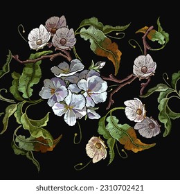 Flores blancas. Patrón sin foco. Bordados. Estilo jardín. Plantilla de moda para ropa, textiles, diseño de camisetas. Arte de verano