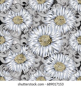 White flowers seamless pattern. Floral background wallpaper illustration with 3d tiled silver chamomile flowers, striped leaves and modern hand drawn  floral ornament. Vector luxury 3d flowers texture