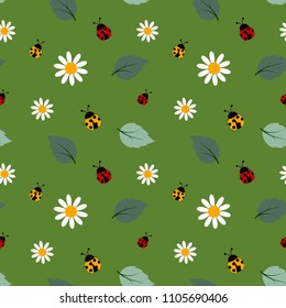 White flowers seamless repeat pattern with ladybug on green background,design for fabric,textile,cover,print or wrapping paper,vector illustration
