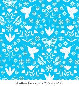 White Flowers silhouette with birds and butterflies reflected seamless pattern on blue  background. For textile, fabric and wallpaper 