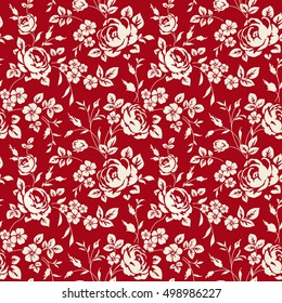 White flowers silhouette on red background. Seamless pattern with vintage roses