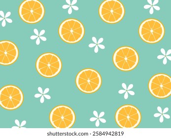 White flowers and sliced oranges background. 