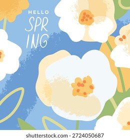 Tarjeta de felicitación del tiempo de primavera de las flores blancas, fondo cuadrado, cubierta estacional, impresión, lindo, Ilustración vectorial moderna