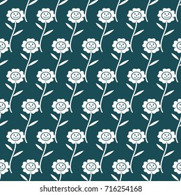 white flowers with a stalk and two leaves, stylized emoticons with a sweet smile on a background of pastel colors (Shaded Spruce), form  pattern. For design, artwork, textiles, children's art

