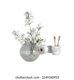White flowers in a transparent vase 3Drender
