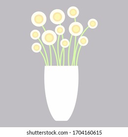 White flowers in a white vase. Isolated on grey background. Vector illustration.