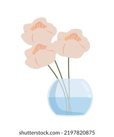 White flowers at vase. Sticker for social networks. Beautiful bouquet in water, gift, romance and love. Aesthetics, beauty and elegance. Botany and floristry, plants. Cartoon flat vector illustration