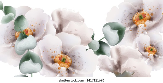 White flowers watercolor Vector. Beautiful floral card summer background
