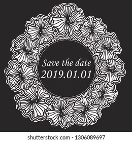 White flowers wreath and frame on dark background with plave for text. Elegant decorative vector template, design for wedding invitation, greeting card, poster, print or banner. Wavy lines and dots.