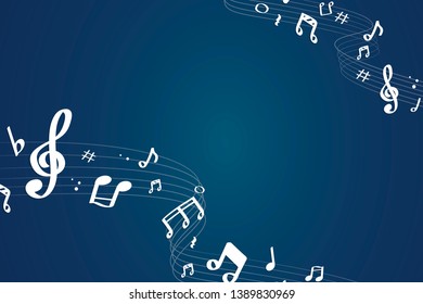 Notas musicales de flujo blanco sobre el vector de fondo azul