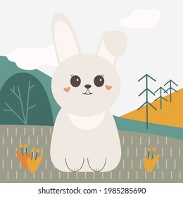 white fluffy bunny in a flat style in the forest for coloring, puzzles, wallpaper, picture, print