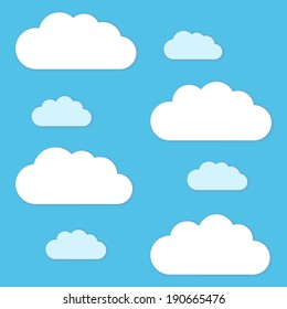 White fluffy cartoon clouds over blue sky background. Seamless vector pattern.