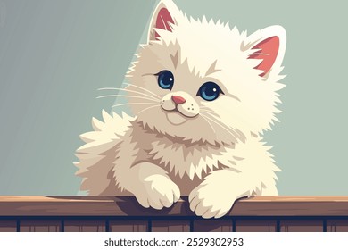 White fluffy cat on a wooden fence