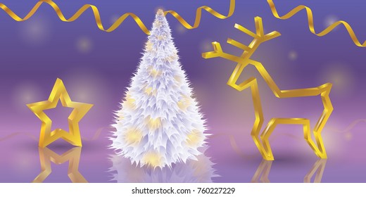 White fluffy Christmas tree and golden 3d ornaments silhouettes deer and star. Christmas and New Year vintage greeting and invitation card. Vector illustration.