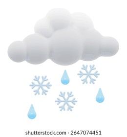 Nuvem macia branca misturada com gotas de chuva e flocos de neve, efeito plasticina brilhante. Vetor de estilo de Renderização 3D, isolado.