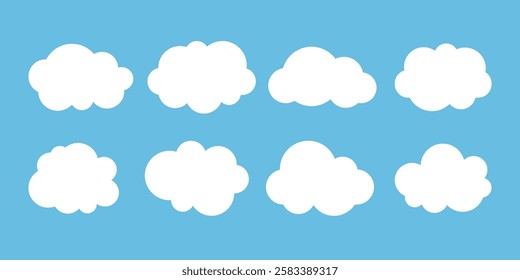 White fluffy cloud silhouette isolated on blue background. Minimalist clouds set. Great for web design, apps, children books, environmental graphics, weather icons