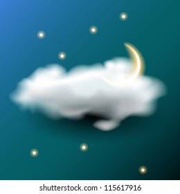 White fluffy cloud with stars and moon in a night sky, eps10 vector