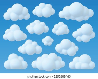 Nubes blanquecinas blancas con iconos 3d. Nubes de burbujas de cúmulos, elementos decorativos del clima. Atmósfera de algodón suave, representaciones de elementos del cielo, conjunto de vectores piadosos