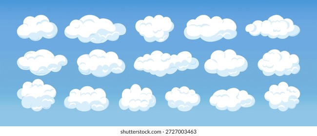 Nuvens brancas macias na ilustração do vetor do céu azul. Dia nublado. Сconjunto de elementos de paisagem para banners, folhetos, desenhos infantis, decorações de berçário.
