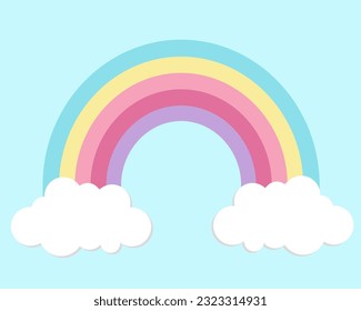 White fluffy clouds and bright rainbow in the blue sky