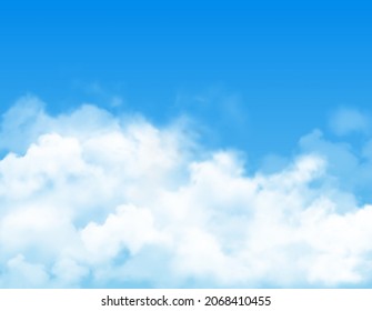 White fluffy clouds or fog on blue sky background. Vector cloudy backdrop, realistic mist, vapor or white smoke. Climate, weather forecast or environment air pollution, heaven on sky backdrop