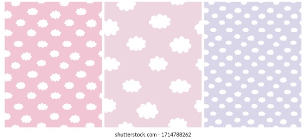 Nubes blanquecinas aisladas en un fondo rosado y violáceo pastel. Impresión simple de ducha para bebés. Diseño de Vector Repetible de Paisaje Simple y Simple. Patrones de vectores de color turbio y sin soldadura.