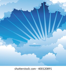 White fluffy clouds on bright blue sky background.