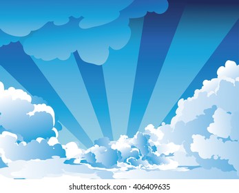 White fluffy clouds on bright blue sky background.