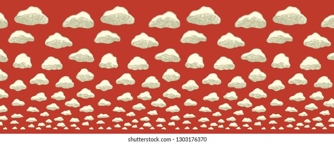 White fluffy clouds on soft red sky to the horizon - horizontally seamless pattern