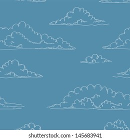 White fluffy clouds silhouettes in the dark blue sky seamless pattern, vector