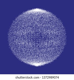White fluffy confusing abstract volume  ball isolated on blue background. Complex chaotic sphere. Vector illustration