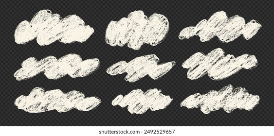 White fluffy crayon drawn clouds in kid's style. Childish doodle naive icons isolated on background. Realistic chalk drawn sketch of sky symbols. Rough cute pastel texture. Vector illustration.