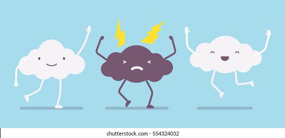 White fluffy cute happy clouds legs, arms jumping with joy and angry lightning storm cloud, weather is changing, good forecast, promising clear day, emotions and feelings, anger managment, bad temper