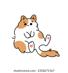 White fluffy cute kawaii cat sits in a funny pose. Vector minimalistic doodles.
