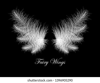 White Fluffy Fay Wings - Dreamlike Fuzzy Pixie Wings - Concept Vector Template on Black
