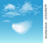 white fluffy feather on background of blue sky
