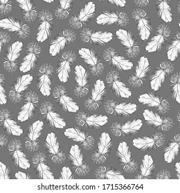 White fluffy feathers on a gray background. Vector natural seamless pattern.