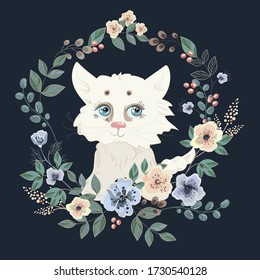 White fluffy kitten in a circle of beautiful openwork twigs and flowers against a dark background